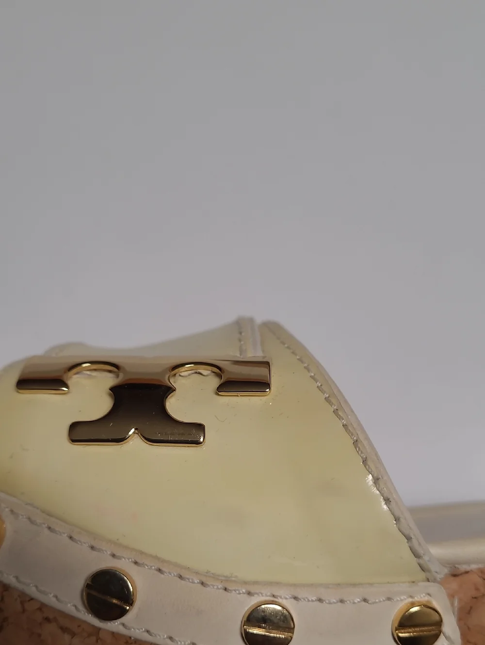 Tory Burch Pale Yellow Patent Slide Mules with Gold Hardware - Size 6.5